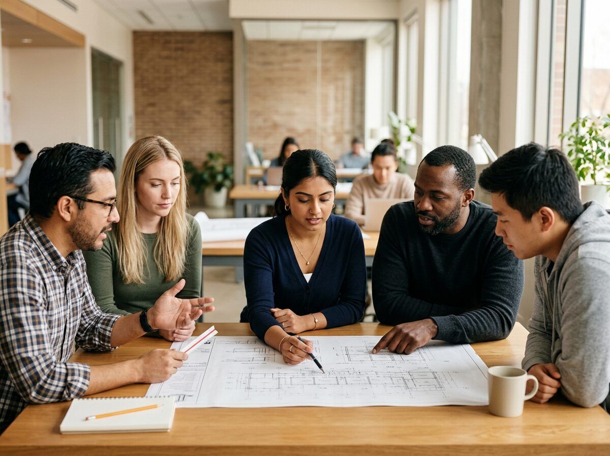 Students studying an engineering drawing together
