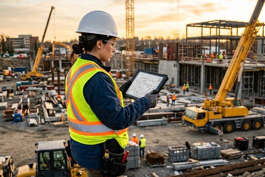 Civil engineer on a construction site reviewing a plan
